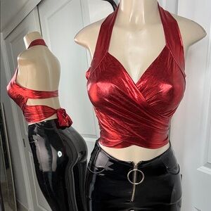 Sleek Red Halter Wrap Top metallic